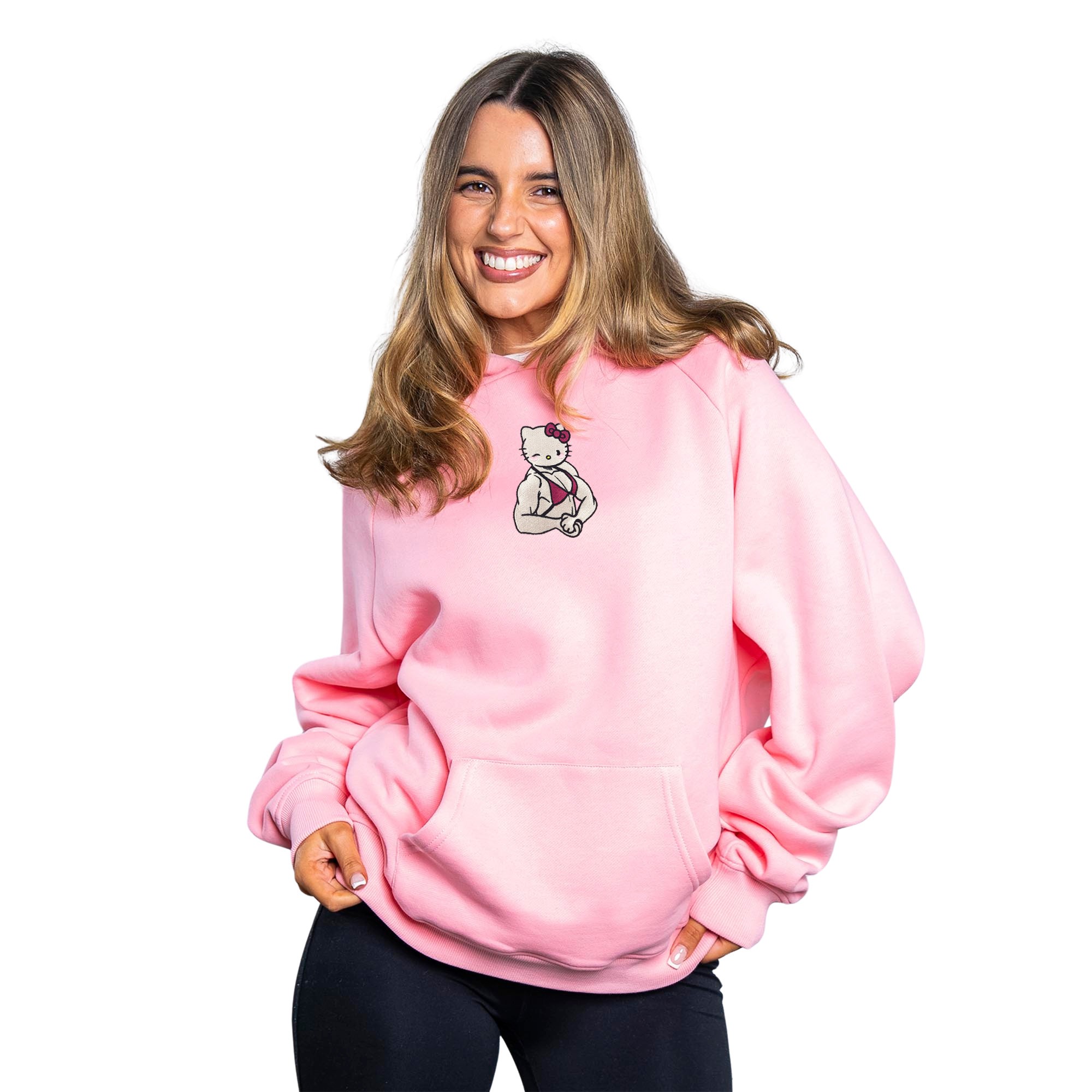 BUFF KITTY EMBROIDERED PINK HOODIE