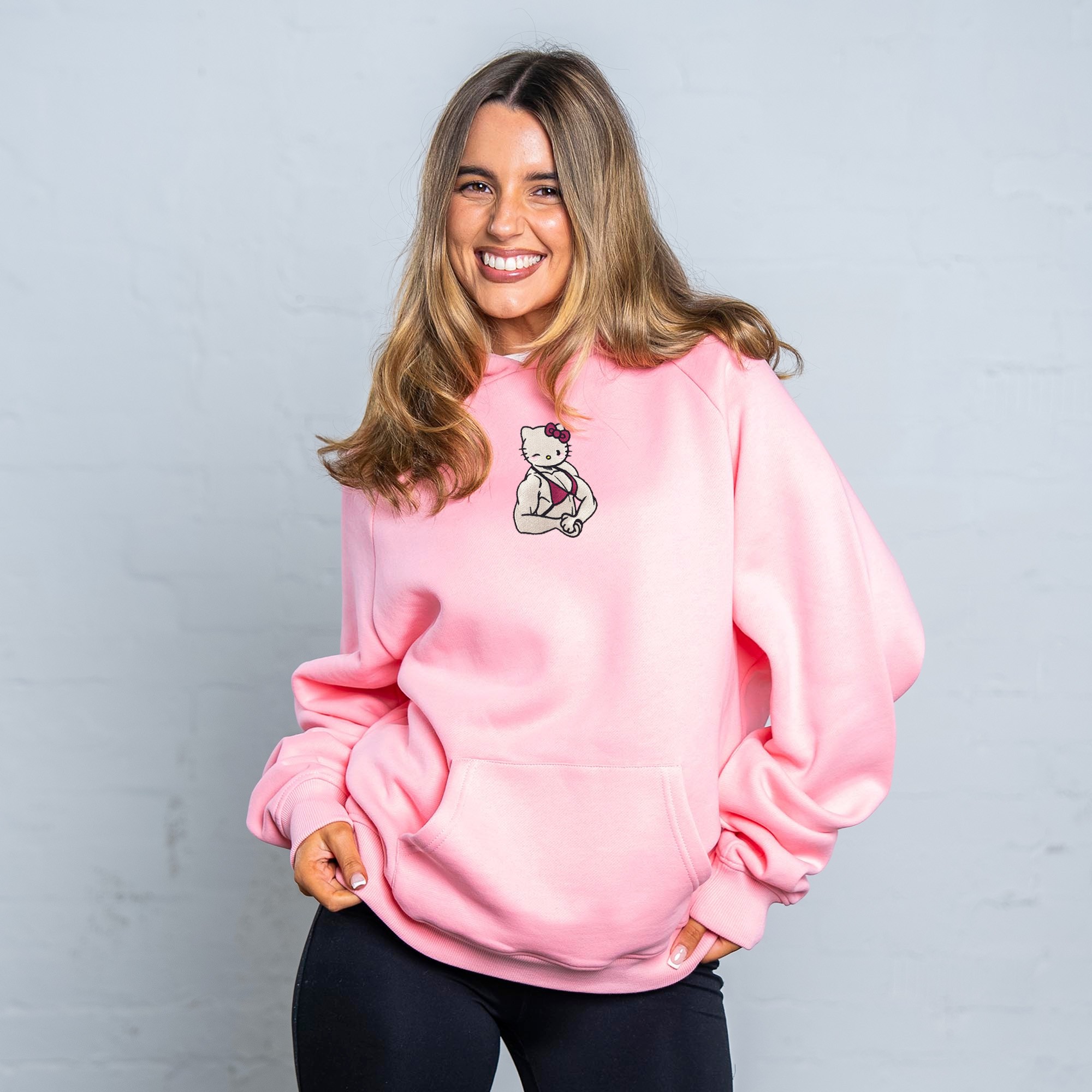 BUFF KITTY EMBROIDERED PINK HOODIE