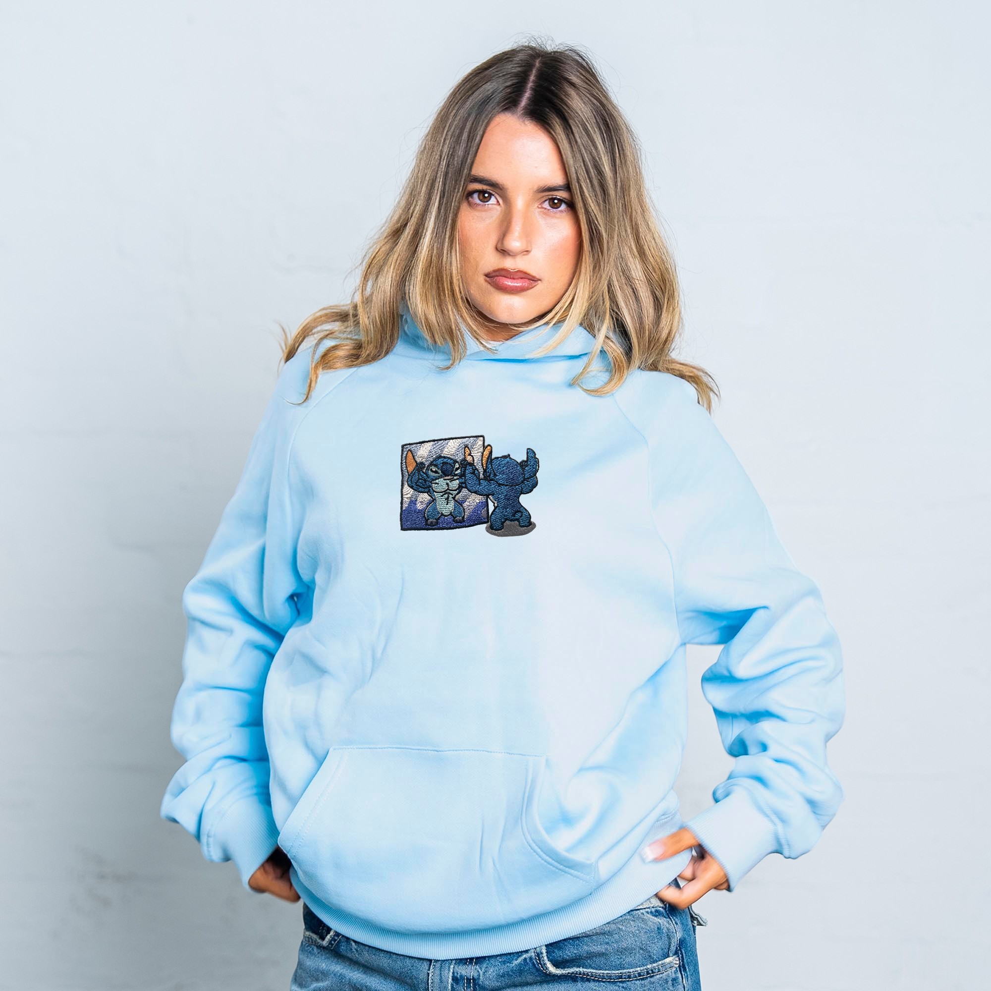 LIGHT BLUE STITCH EMBROIDERED HOODIE