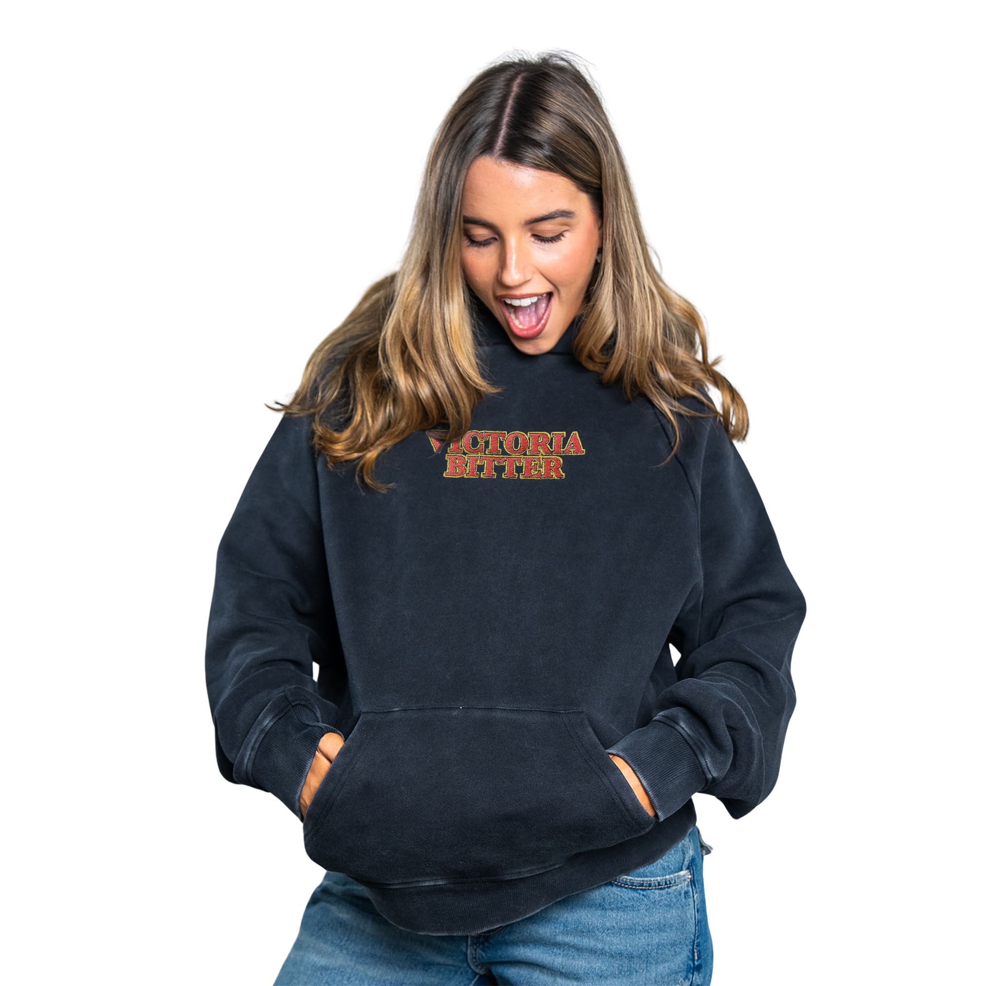 VICTORIA BITTER SPELLOUT EMBROIDERED VINTAGE BLACK HOODIE