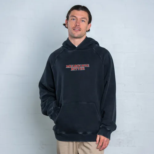 MELBOURNE BITTER SPELLOUT EMBROIDERED VINTAGE BLACK HOODIE